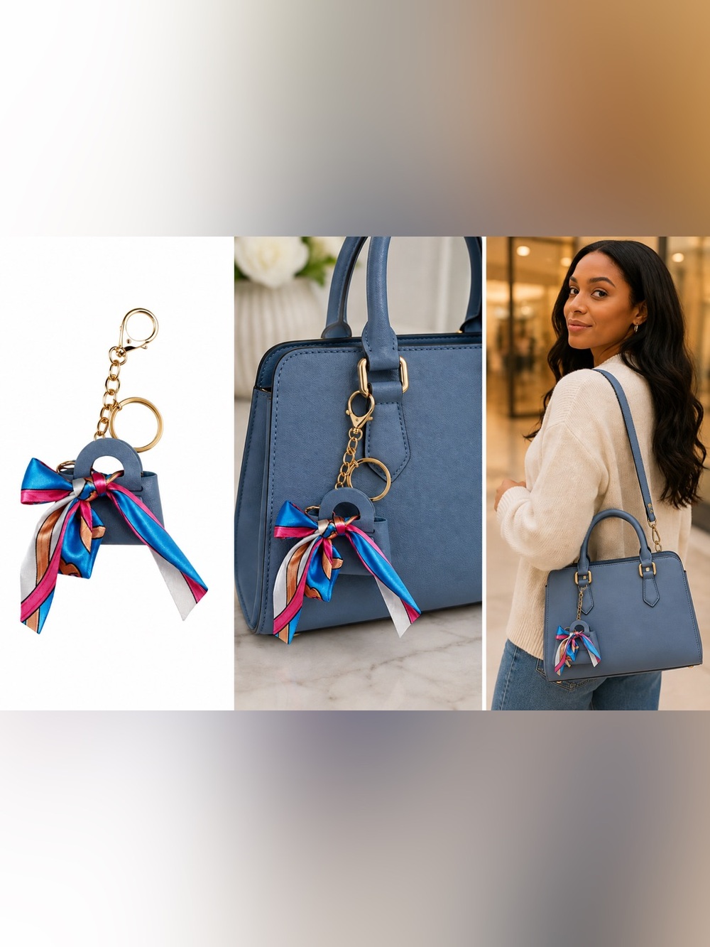Mini Purse Bag Charm with mini Scarf , Blue, Gold Hardware,Keychain, Coin Purse